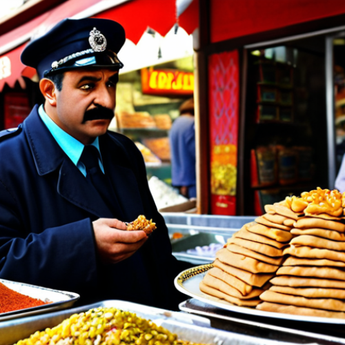 **Detective Popo investigates a mystery at a bustling Istanbul bazaar. Close-up of Popo examining a lost baklava recipe, vendors and colorful spices in the blurred background, cartoon style.** (Focus: humorous investigation in a local setting)