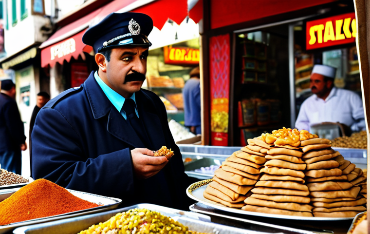 **Detective Popo investigates a mystery at a bustling Istanbul bazaar. Close-up of Popo examining a lost baklava recipe, vendors and colorful spices in the blurred background, cartoon style.** (Focus: humorous investigation in a local setting)